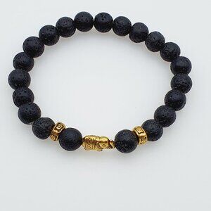 Black Lava Stone Bracelet with Gold Elephant Charm, AZFA1068